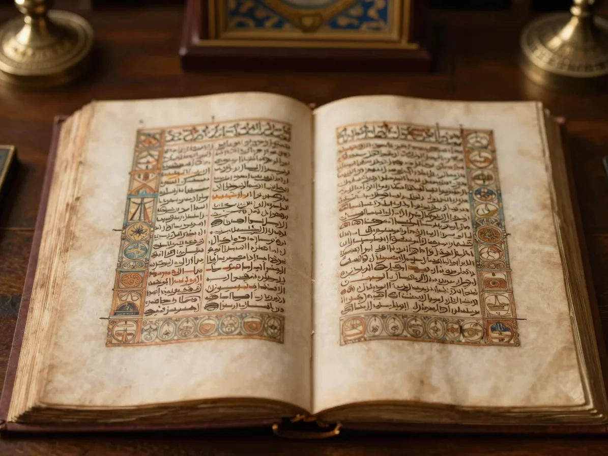 Warm editorial photograph of an ancient manuscript with arabesque