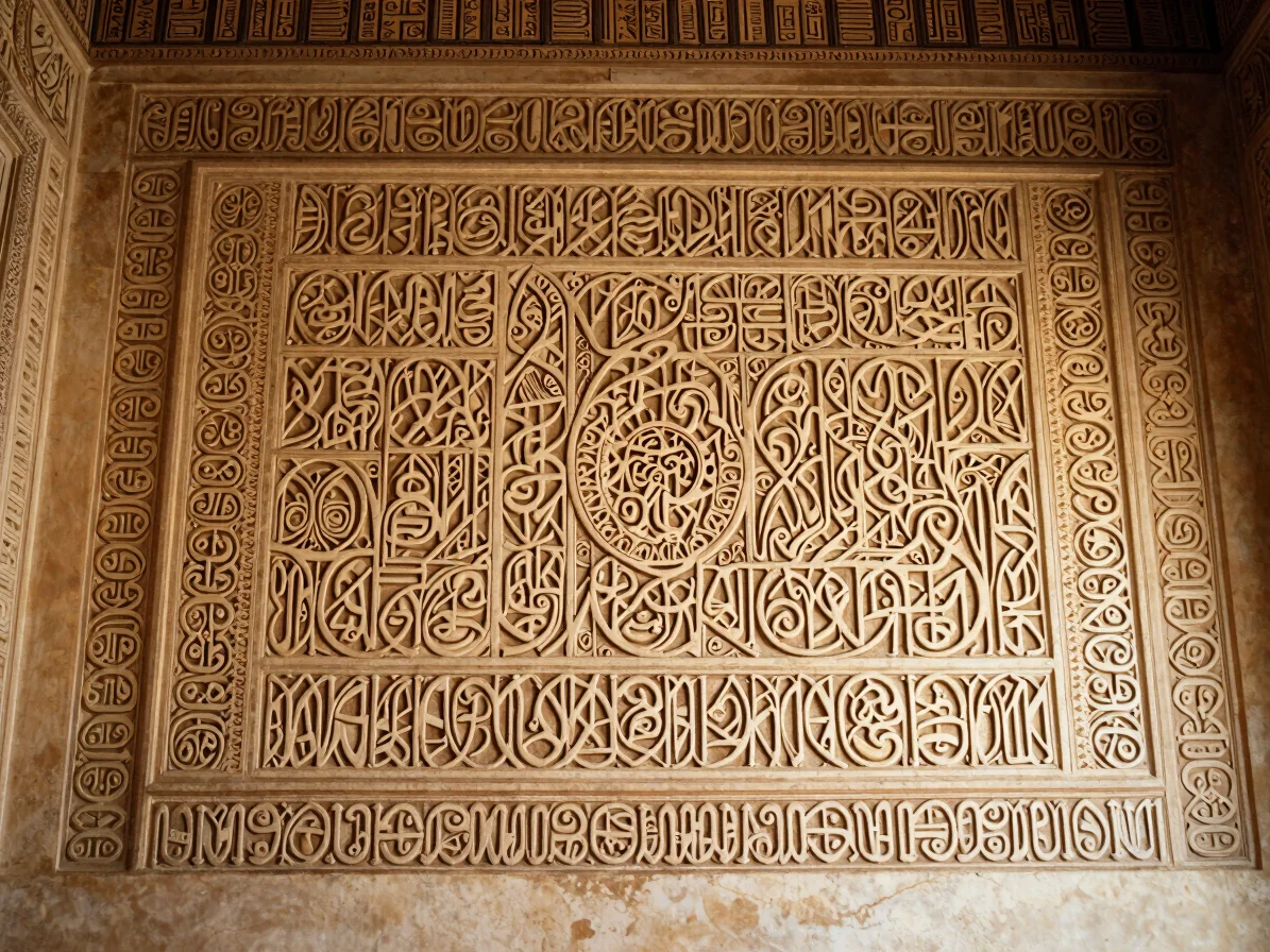 Warm editorial photograph of intricate architectural arabesque de