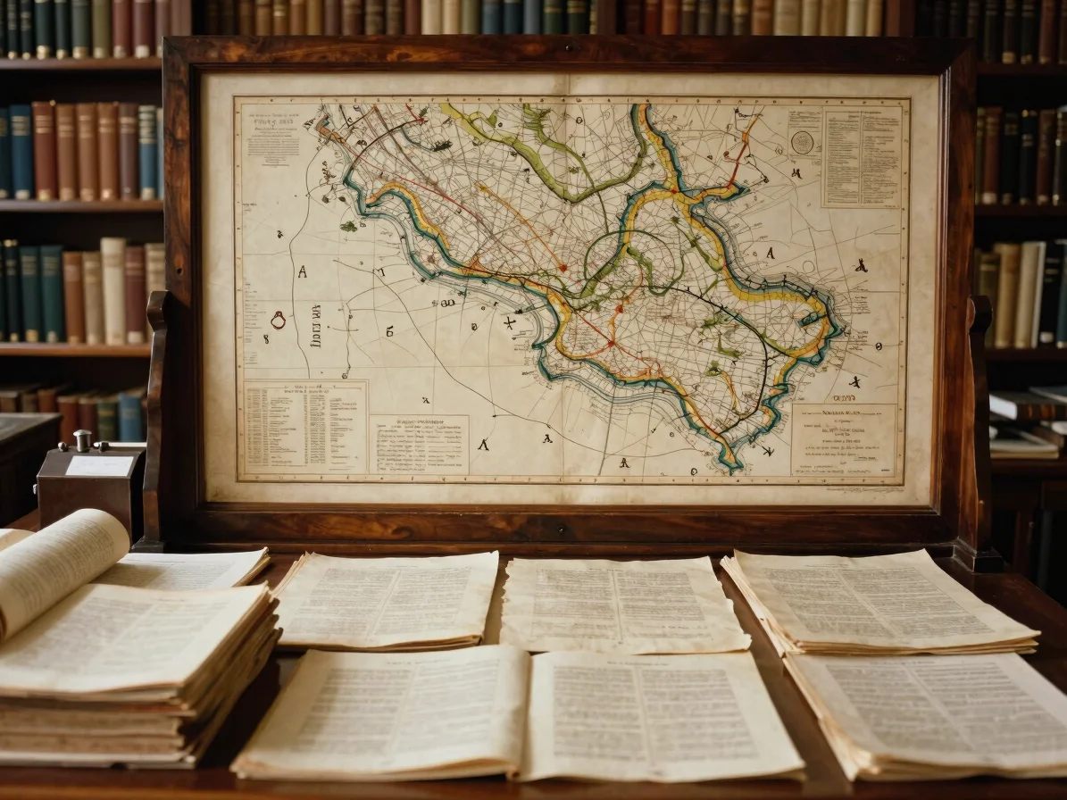 Warm editorial photograph of a dignified research space with hist
